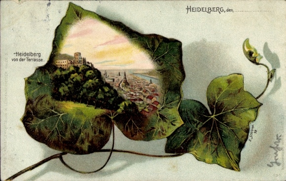 Efeublatt Litho Heidelberg am Neckar, Blick von der Terrasse, Schloss