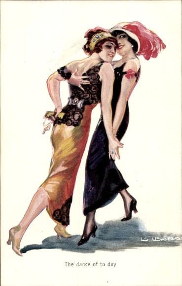 Künstler Ak Usabal, Luis, The dance of to day, Zwei Frauen tanzen eng aneinander