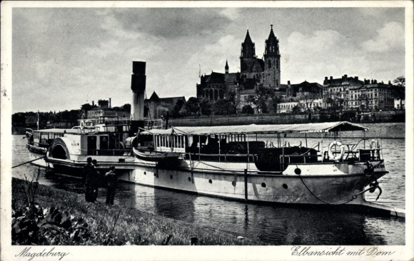 Ak Magdeburg an der Elbe, Schiff MS Tangermünde, Elbansicht, Dom