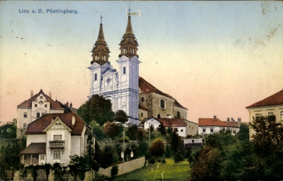 Ak Linz an der Donau Oberösterreich, Linz a. D. Pöstlingberg, Kirche, Häuser, Landschaft