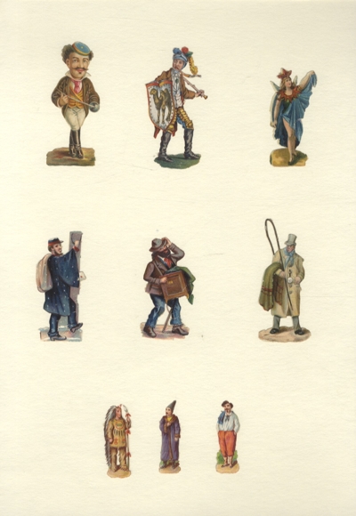 9 Oblaten Theaterkostüme, verschiedene Berufe, Indigene, ca. 7 x 4 cm bis 4 x 2 cm