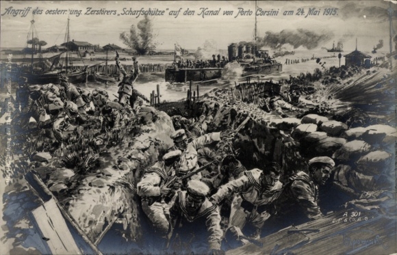 Ak Angriff eines österreichisch-ungarischen Zerstörers Scharfschütze auf Kanal Porto Corsini, 1915