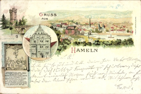 Litho Hameln in Niedersachsen, Klütturm, Rattenfängerhaus, Panorama