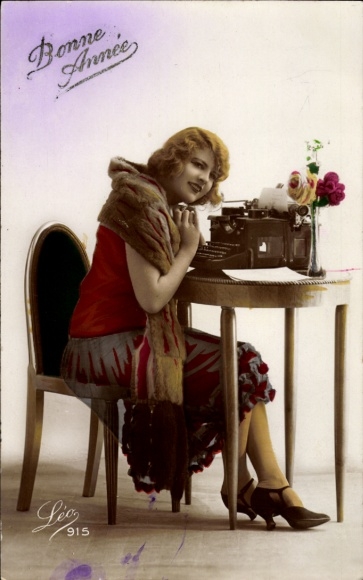 Ak Frohes Neujahr, Frau mit Schreibmaschine
