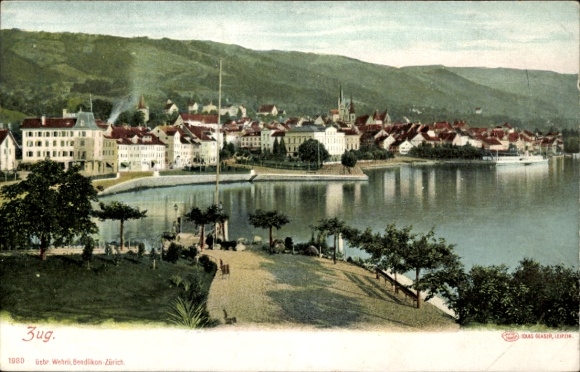 Ak Zug Stadt Schweiz, Stadtansicht von  See und Berge, 1980, farbig, viele Häuser