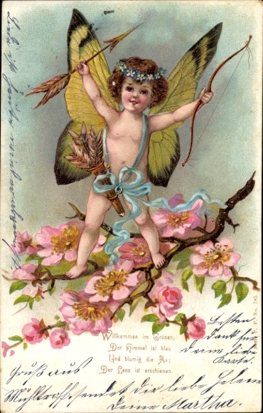 Litho Glückwunsch Pfingsten, Elfe mit Pfeil und Bogen