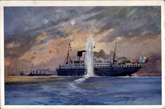 Künstler Ak Heusser, Österreichisches U-Boot versenkt italienischen Truppentransporter, I WK