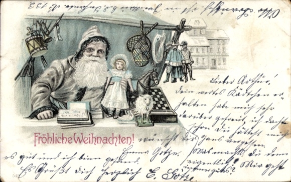 Litho Frohe Weihnachten, Weihnachtsmann, Puppe, Holzpferd, Spielzeuge