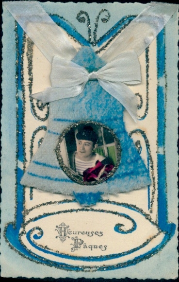 Material Glitzer Ak Glückwunsch Ostern, Mann-Porträt, Glocke, Schleife