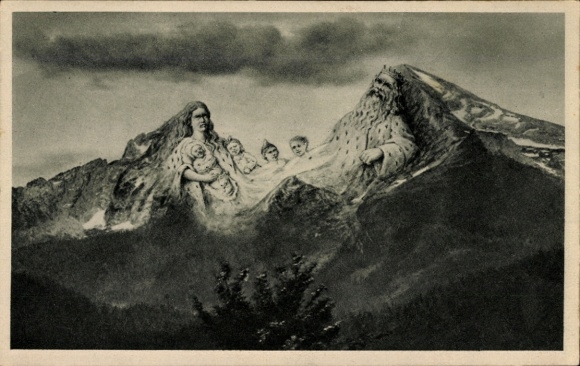 Künstler Ak Berchtesgaden in Oberbayern, Watzmann-Sage, Berggesichter
