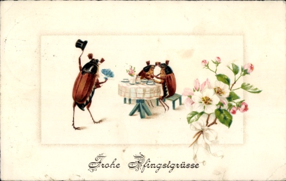 Ak Frohe Pfingsten, vermenschlichte Maikäfer am Tisch, Rosen