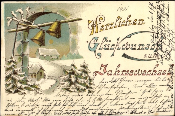 Litho Glückwunsch Neujahr, Winterlandschaft, Glocken