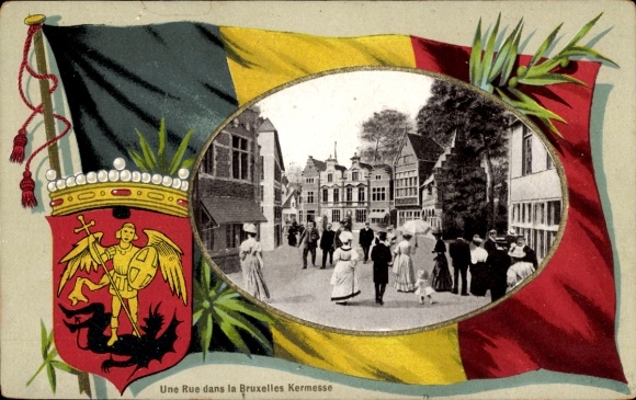 Wappen Passepartout Ak Bruxelles Brüssel, Kermesse, Straßenpartie, Besucher, Flagge