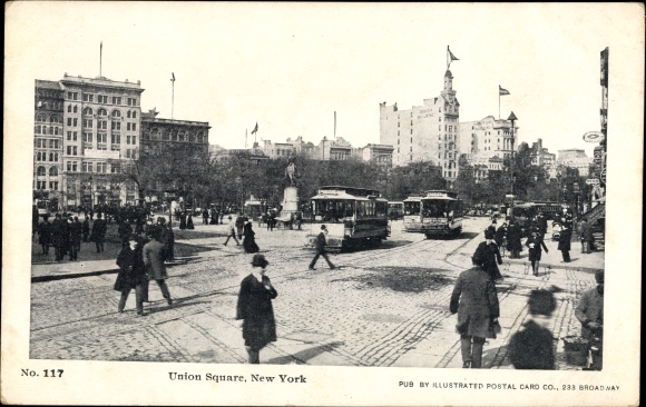 Ak New York City USA, Union Square, Straßenbahn