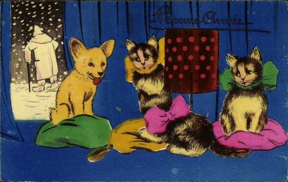 Ak Glückwunsch Neujahr, Katzen, Fuchs, Kissen