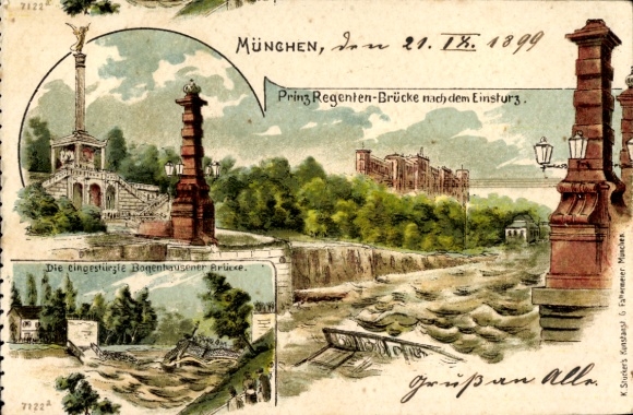 Litho Bogenhausen München, eingestürzte Bogenhausener Brücke, Prinzregentenbrücke nach Einsturz