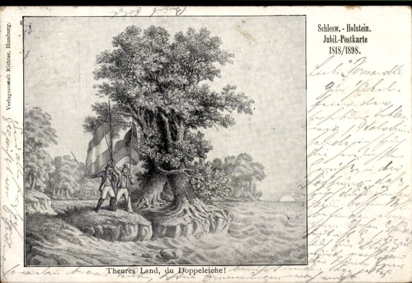 Künstler Ak Schleswig Holstein Jubiläum 1848 - 1898, Theures Land, du Doppeleiche