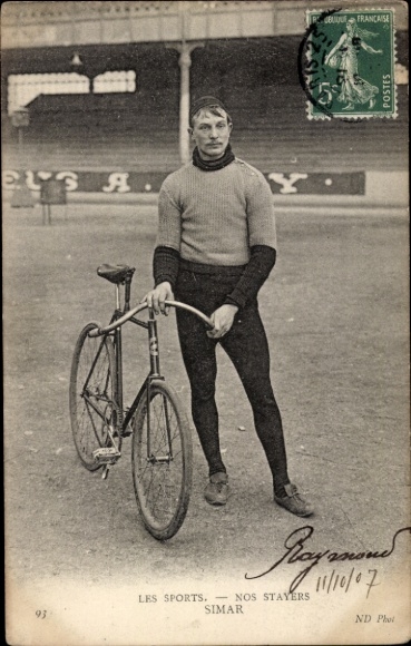 Ak Radrennfahrer Simar, Steher, Radrennbahn