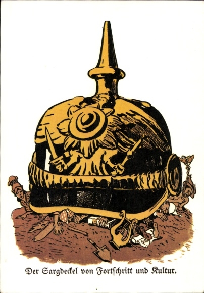 Künstler Ak Udo Achten, Der Sargdeckel von Fortschritt und Kultur, Pickelhaube