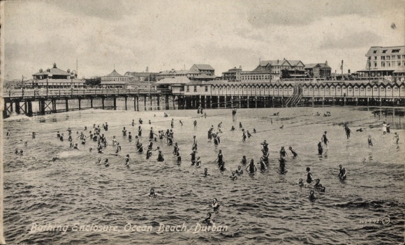 Ak Durban Südafrika, Badegäste im Wasser, Pier, Ocean Beach Durban