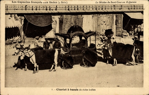 Ak Indien, französische Kapuziner in Indien, Ochsenkarren