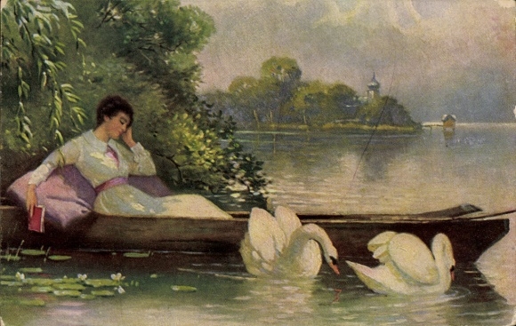 Künstler Ak Graef, Friedrich, Still ruht der See, Frau im Boot, Schwäne