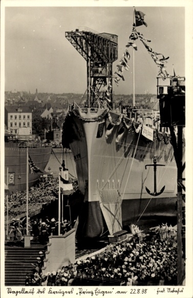 Ak Deutsches Kriegsschiff, Kreuzer Prinz Eugen, Stapellauf 1938, Krupp Germaniawerft Kiel Gaarden