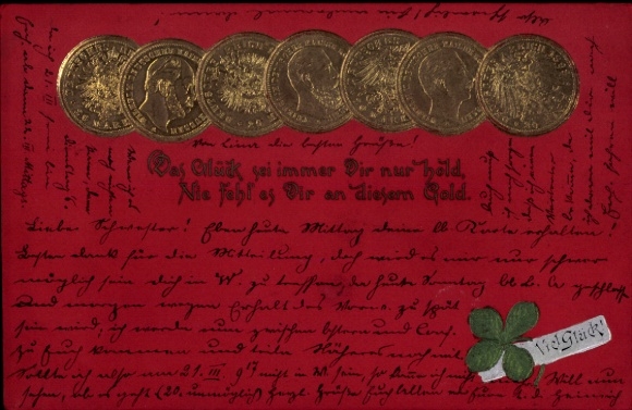 Präge Ak Münzen, Das Glück sei immer Dir nur hold, Nie fehl es Dir an diesem Gold, Kleeblatt