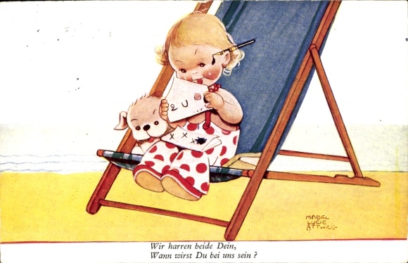 Künstler Ak Attwell, M. L., Mädchen, Brief, Hund, Klappstuhl