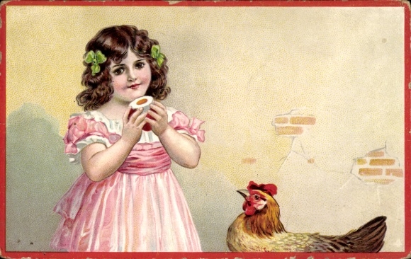 Passepartout Präge Ak Frohe Ostern, Mädchen, Ei, Huhn