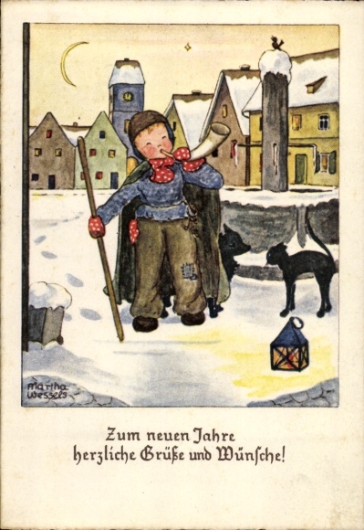 Künstler Ak Wessels, Martha, Glückwunsch Neujahr, Junge als Nachtwächter, Hund, Katze