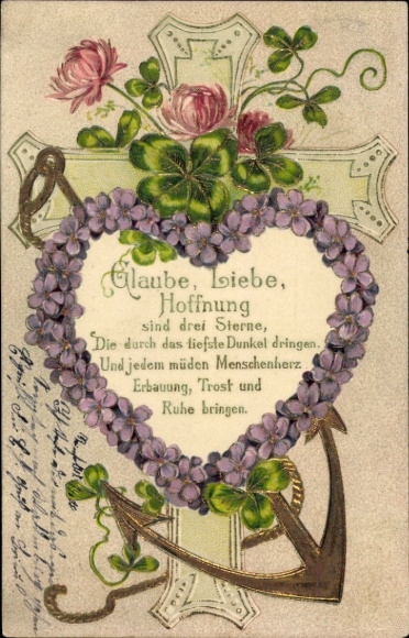 Präge Ak Glaube, Liebe, Hoffnung, Kreuz, Klee