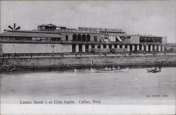 Ak Callao Peru, Centro Naval, Club Ingles,  englische Eisenbahn, Schwarz-Weiß-Bild