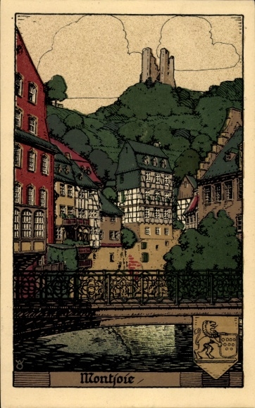 Steindruck Ak Monschau Montjoie in der Eifel, Teilansicht, Brücke, Burg