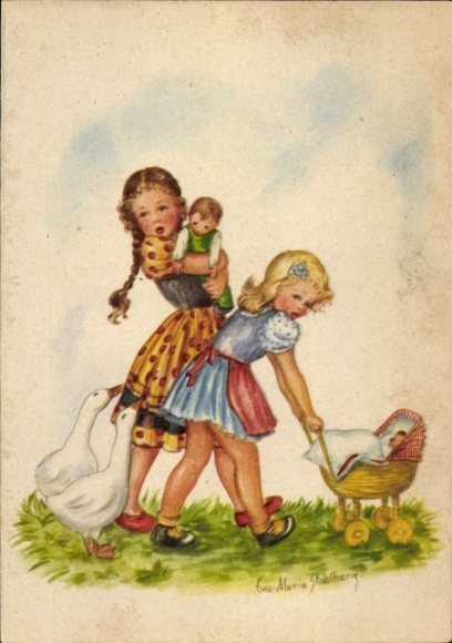 Künstler Ak Stahlberg, E. M., Kinder, Puppe, Puppenwagen, Gänse