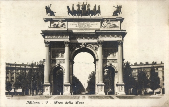 Ak Milano Mailand Lombardia, Arco della Pace,  Monument, Reiterstatue, Bäume