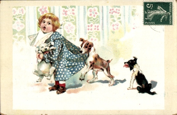 Künstler Ak Hunde spielen mit einem Kind