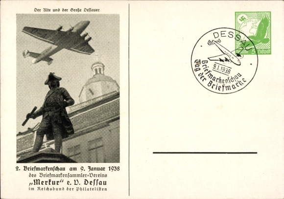 Ak Dessau in Sachsen Anhalt, 2. Briefmarkenschau 1938, Briefmarkensammler Verein Merkur eV, Flugzeug