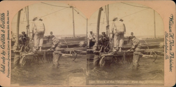 Stereo Foto Zerstörtes Schlachtschiff USS Maine, US Navy, Taucher am Wrack