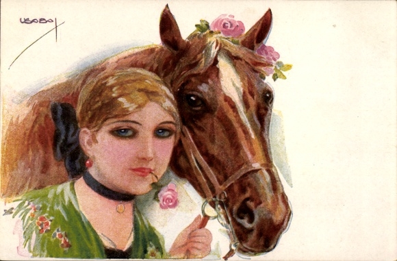Künstler Ak Usabal, Luis, Frauenportrait, Pferd, Blumenschmuck am Zaumzeug