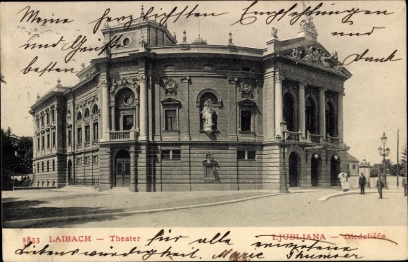 Ak Ljubljana Laibach Slowenien, Theatergebäude, Statue, Schriftzug LAIBACH, JUBLJANA