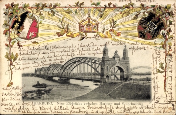 Präge Wappen Ak Hamburg Harburg, Neue Elbbrücke zwischen Harburg und Wilhelmsburg