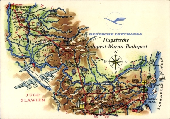 Landkarten Künstler Ak Hoppe, Deutsche Lufthansa, Flugstrecke Budapest Warna, Jugoslawien