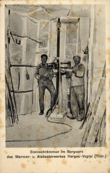 Ak Herges Vogtei Trusetal, Steinschrämmen im Bergwerk des Marmor und Alabasterwerkes