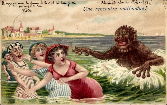 Litho Badegäste in Bademode, Badeanzug, Seeungeheuer