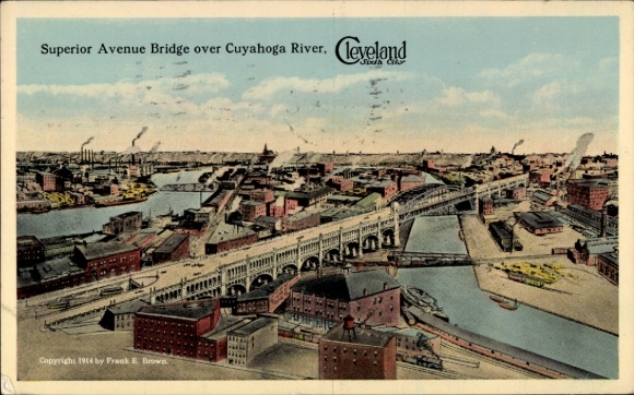 Ak Cleveland Ohio USA, Superior Avenue Bridge, Cuyahoga River,  1914