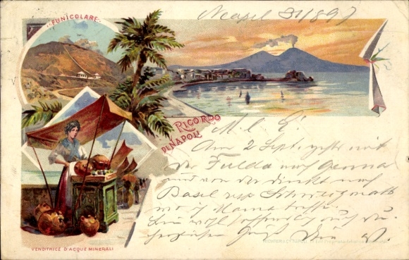 Litho Napoli Neapel Campania, Funicolare, Vesuvio, Venditrice d'Acque Minerali