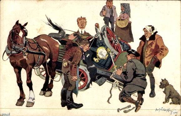 Künstler Ak Schönpflug, Fritz, Kaputtes Auto wird abgeschleppt, BKWI 574-4