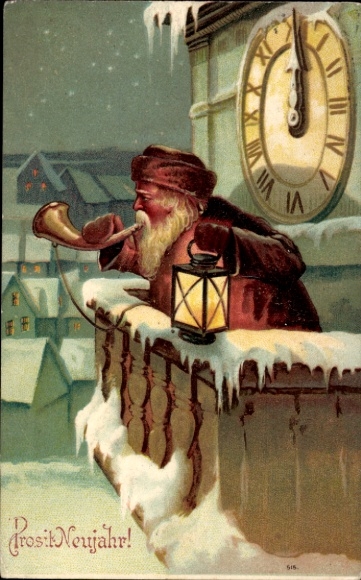 Präge Ak Glückwunsch Neujahr, Turmuhr, Turmbläser mit Laterne