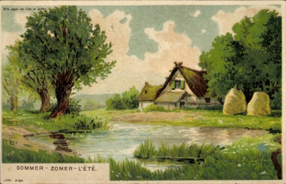 Haltgegendaslicht Künstler Litho Sommer, Uferpartie mit Landhaus